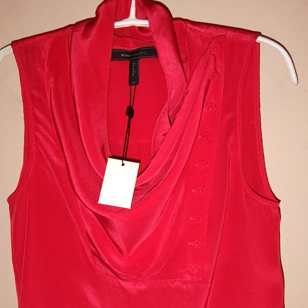 BCBGMaxAzria SILK COWL NECK TOP SLVLS ASYMMETRIC FRONT BUTTONS RIO-RED SIZE XS